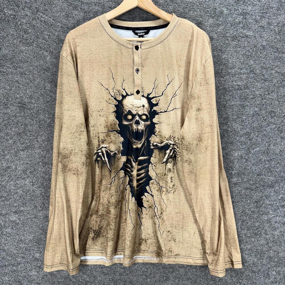New Ouku T-Shirt Men 2XL Beige Skeleton Print Long Sleeve Crew Neck Button